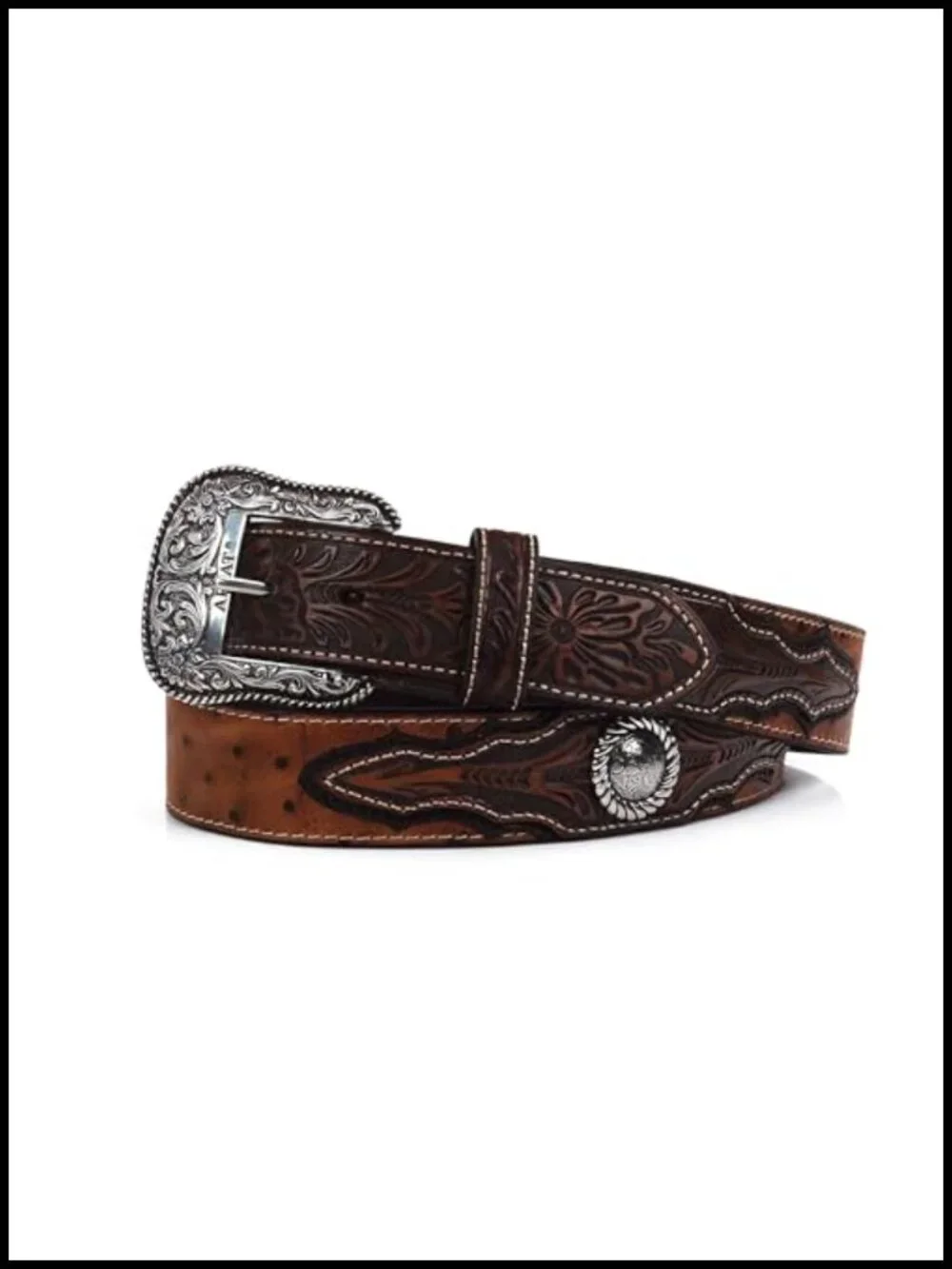 Faux Ostrich Leather Belt, Floral Emboss, Silver Concho, Triple Snap Buckle